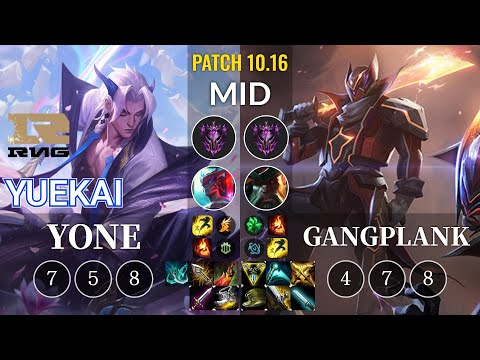 RNG yuekai Yone vs Gangplank Mid - KR Patch 10.16