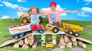 Alex Builds new Bridge from blocks for Big Fuel truck and Tractor Power Wheels Funny story for kids
