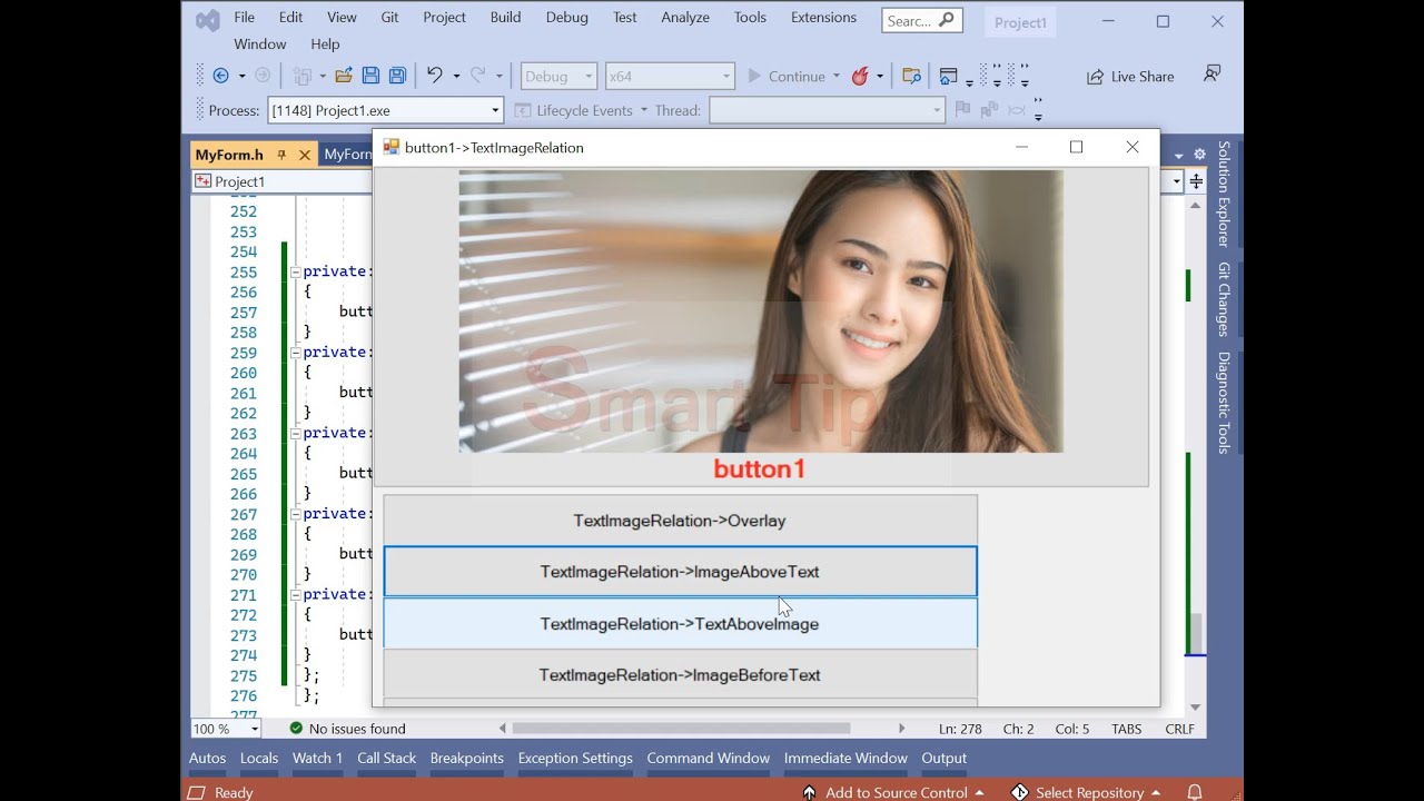 c++/cli windows forms (button TextImageRelation) visual studio code
