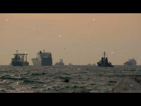 Anchored cargo ships waits to pass through Bosphorus strait in Istanbul Turkey
