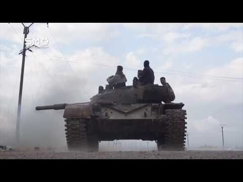 استهداف تحصينات تنظيم داعش في منطقة حوض اليرموك في ريف درعا الغربي بواسطة قذائف الدبابات من قبل جيش المعتز بالله