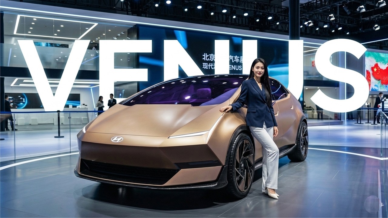 Hyundai Ioniq Venus Concept in radiant gold paint at its global debut in China, showing the single-curve silhouette and transparent rear spoiler