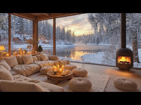 Cozy Lakeside Cabin Ambience ❄️ Soothing Winter Jazz Music & Fireplace Sounds to Relaxation