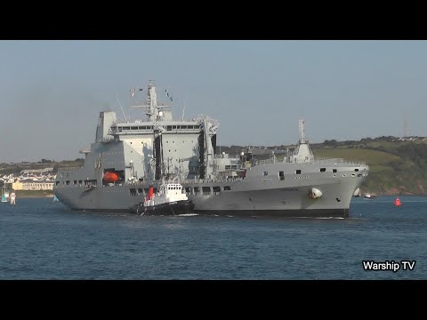 RFA TIDESURGE A138 ENTERS DEVONPORT NAVAL BASE AT RUSTY ANCHOR, PLYMOUTH HOE 5-6-23