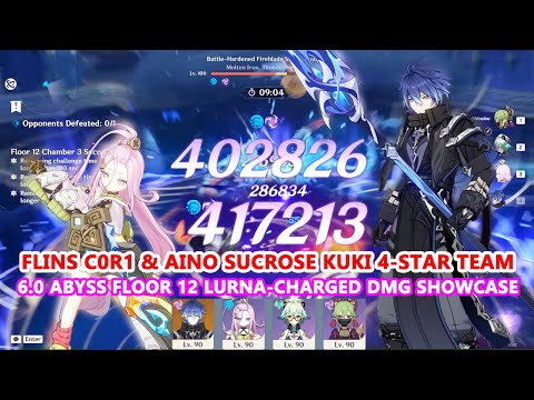 Flins C0R1 & Aino Sucrose Kuki 4-Star Team : 6.0 Abyss Floor 12 Lurna-Charged DMG Showcase