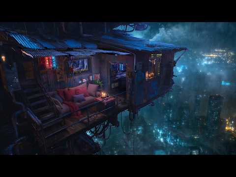 🎵 Shanty Nest above the City: Rain and Ambient Music | Cyberpunk Shack in a Skyrise | 4K | 10 hours