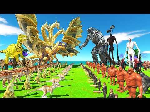 Team Yellow King Ghidorah + Indominus Rex + Indoraptor VS Team MechaGodzilla + Siren Head + SCP 096