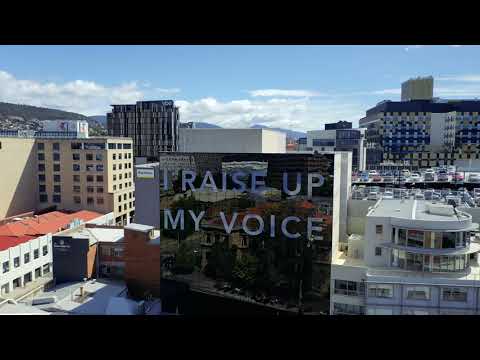 Install of Brigita Ozolin’s public artwork, MY VOICE, for Hobart Current: Liberty exhibition