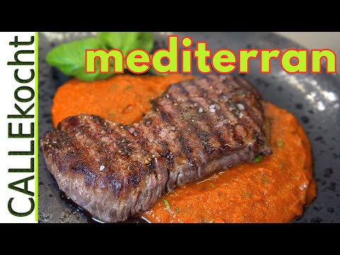 Saftiges Hüftsteak mit mediterraner Tomatensoße. Bestes Rezept