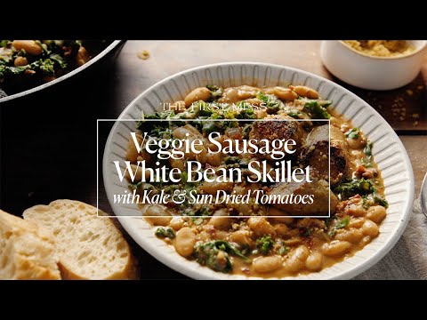 Veggie Sausage White Bean Skillet with Kale & Sun Dried Tomatoes