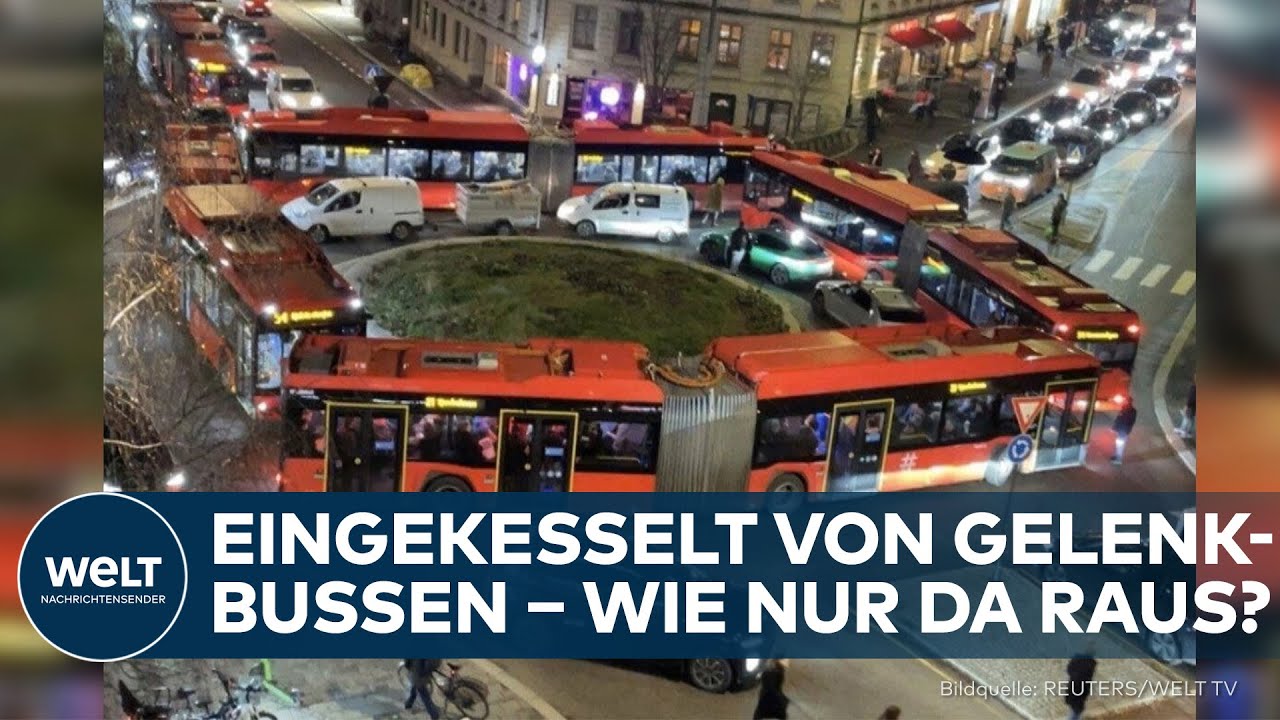SPEKTAKEL IN OSLO: Vier Gelenkbusse sorgen für skurriles Verkehrschaos