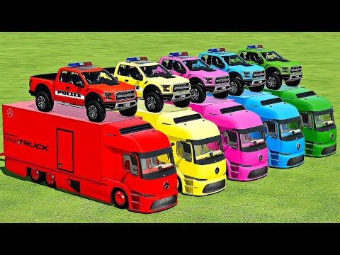 TRANSPORTING POLICE FORD RAPTOR, LAMBORGHINI & CHEVROLET WITH MERCEDES TRUCKS. Farming Simulator 22