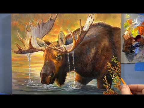 "POWER and LIGHT" /Bull Moose in Water Painting Time-lapse Tutorial 