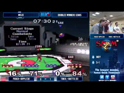 SMYM 15 - Pooch/Ripple (Samus/Samus/DK) vs. Tom/Matt R. (Fox/Fox/Mario) Melee Doubles Winner's Semis