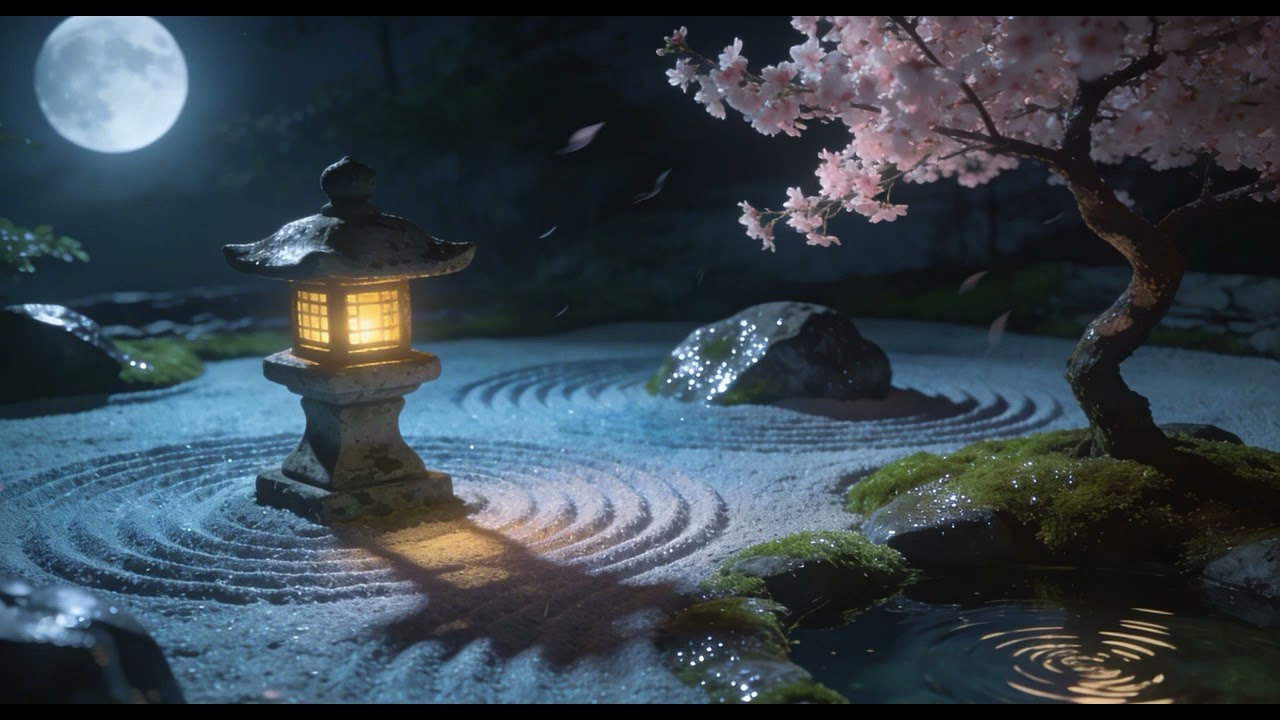Moonlit Zen Garden 🌙 Relaxing Japanese Night Ambience with Water & Sakura for Deep Sleep