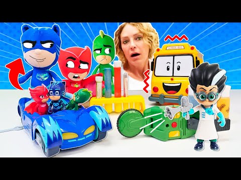 Spielspaß mit PJ Masks und Nicole. Romeo vergrössert die Pyjamahelden. Spielzeug Video