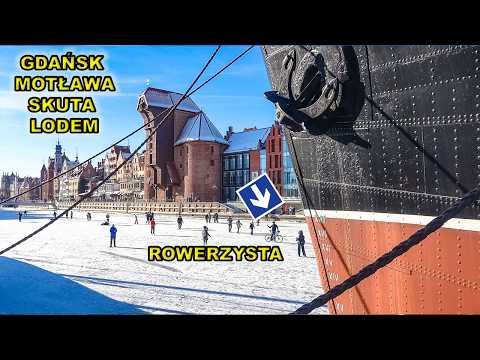 Rowerzysta i turyści na zamarzniętej Motławie – Gdańsk jak z bajki ❄️🚲