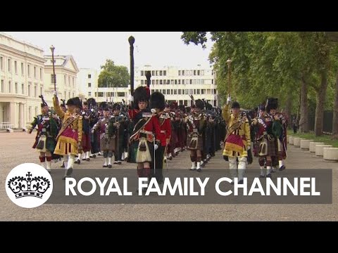 Massed Pipes and Drums Depart Wellington Barracks