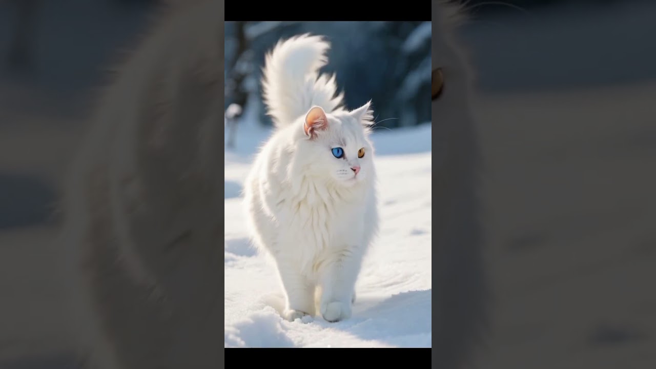Majestic White Cat with Heterochromia Walks Through Snow – Mesmerizing Winter Beauty