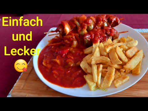 Shashlik skewers on a paprika sauce with steakhouse fries / MUKBANG