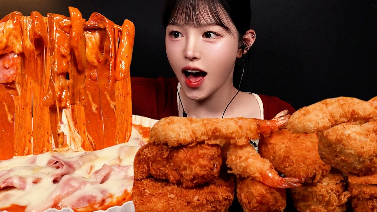 SUB)이 조합 뭐예요?🔥로제 엽떡에 바삭두툼 치즈돈까스 먹방! 엽기떡볶이 분식파티 Rose Tteokbokki Mukbang Asmr