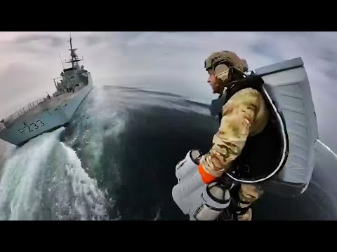 HMS Tamar and Take on Gravity jet Suit boarding trial