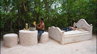 Two Man Work Build A Best 2023 Bed Design By Wood And Bamboo With Mud  In Forest