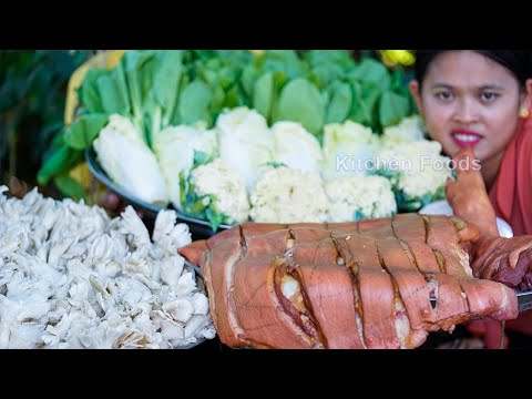 Cooking Chopped Pork Belly Soup with Bok Choy...