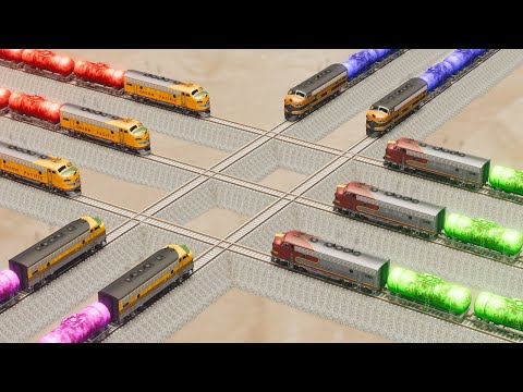 Impossible Multiple Overlapping Rail Tracks Crossover Vs Trains Crossing - BeamNG.Drive