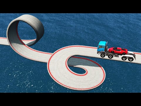 Impossible Loop Spiral Bridge Crossing Cars Vs Deep Water Challenge - BeamNG.Drive