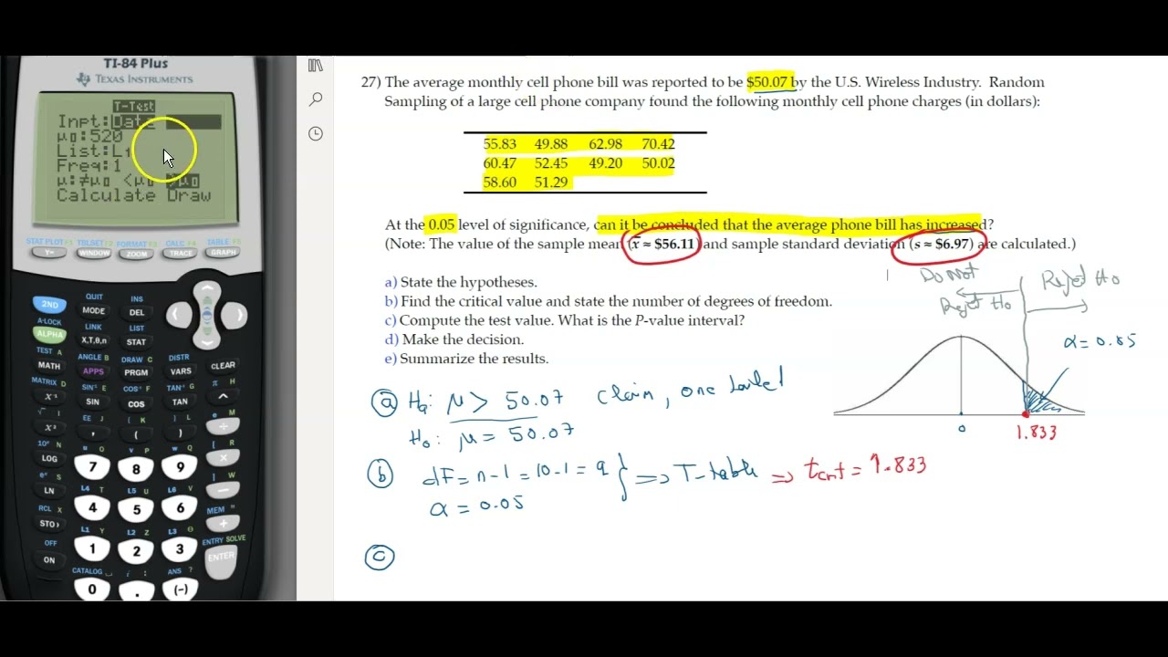 Hypothesis testing using TI-84 calculator (T-test, Right tailed)