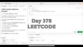 YouTube video 'Day 378: LeetCode Problem 2094. Finding 3 Digit Even Numbers  - Swift'