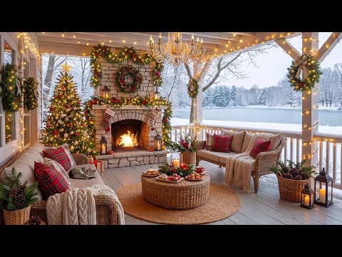 Winter Porch Christmas Ambience 🔥❄️ Relaxing Christmas Music, Fireplace Sounds & Snowy Lakeside View