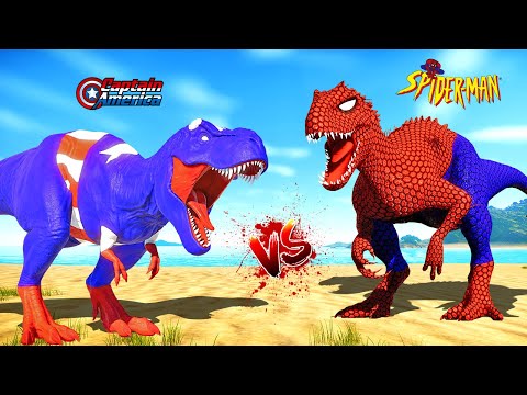 T-Rex Captain America vs I-Rex Spider-Man vs Batman Spinosaurus vs Godzilla Dinosaurs Fighting 🌍 JWE
