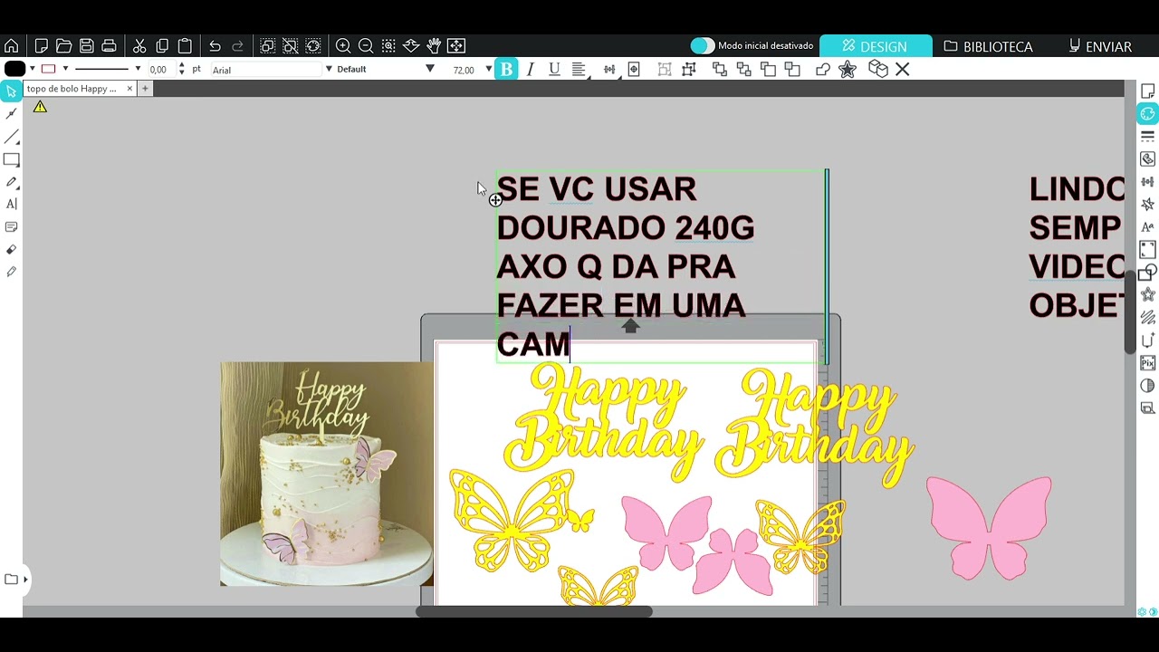 Topo de Bolo Happy Birthday e borboletas douradas - Arquivo Silhouette digital Gratis
