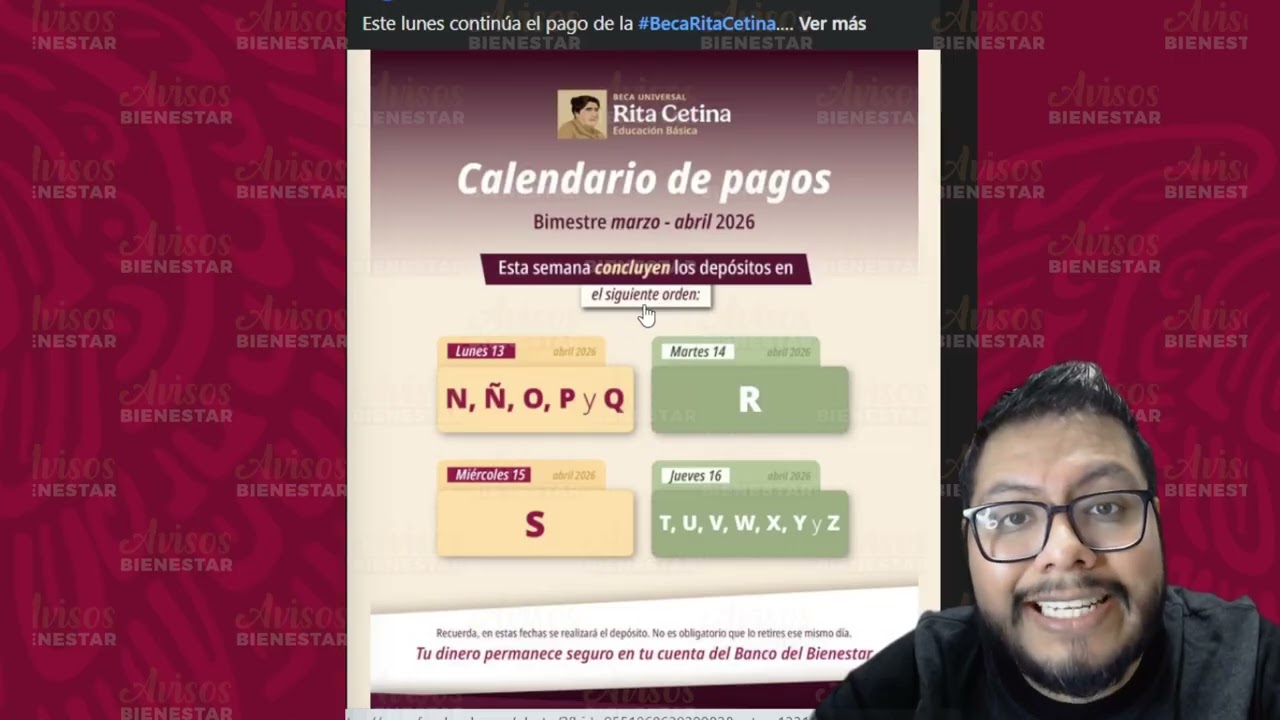 ¡PAGOS DE LA BECA RITA CETINA! del 13 al 16 abril del bimestre marzo - abril 2026