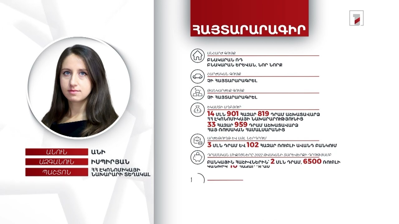 2 անշարժ գույք, 2 մլն դրամ. ՀՀ էկոնոմիկայի նախարարի տեղակալ Անի Իսպիրյանի հայտարարագիրը