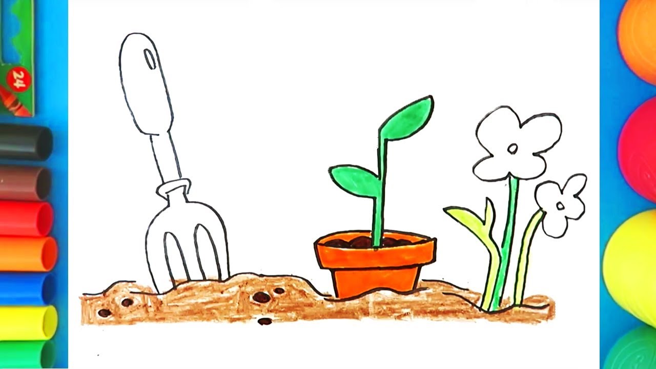 How to draw and color a Garden scene - Plant coloring page for kids