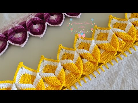 bico/barrado de croche no pano de prato #672  torcido passo a passo