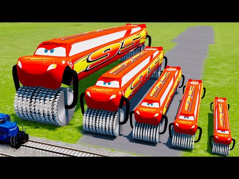 Big & Small Lightning McQueen with Monster Saw wheels VS Train | BeamNG.drive
