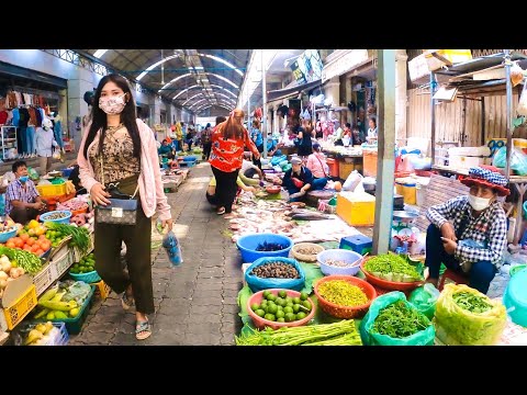 Cambodian Wet Market- Walk Around Boeng Trabek Market Buying Food, Fresh fish & Vegetable