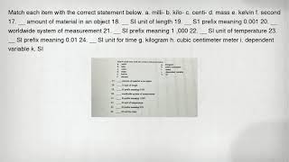 Match each item with the correct statement below. a. milli- b. kilo- c. centi- d. mass e. kelvin f.