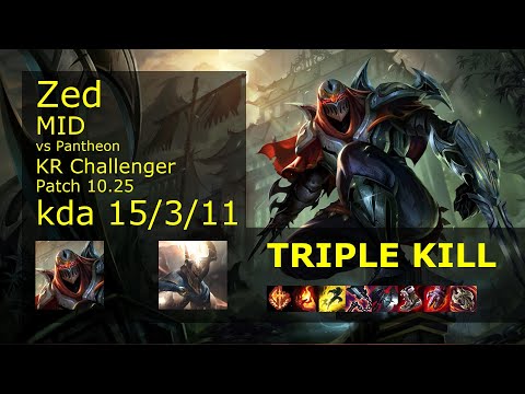 Zed Mid vs Pantheon - KR Challenger 15/3/11 Patch 10.25 Gameplay // [롤] 제드 vs 판테온 미드