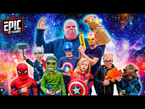 Nerf War: Avengers Hero Kids Battle Thanos - Pretend Play