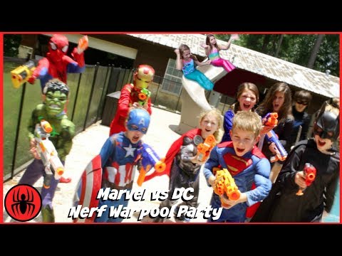 Nerf War Marvel vs DC, Spiderman Batman pool party superhero real life movie SuperHeroKids