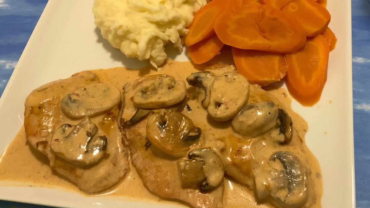 Bifinhos de Frango com Cogumelos e Natas receita simples rápida e deliciosa