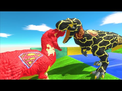 RED SUPERMAN T-REX VS KILL MONGER T-REX DEATH RUN MOUNTAIN-Animal Revolt Battle Simulator