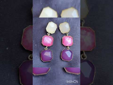 Triple Gem Drop Brass Earrings In Warm Tones