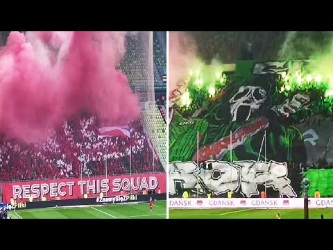 Hymn przed meczem. Przerwany mecz w Gdańsku. Oprawa WIDZEWA Łódź i LECHII Gdańsk. Doping kibiców