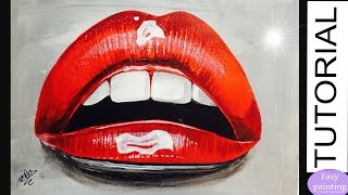 How to paint RED Glossy LIPS. Acrylics Painting Tutorial for beginners Step by Step